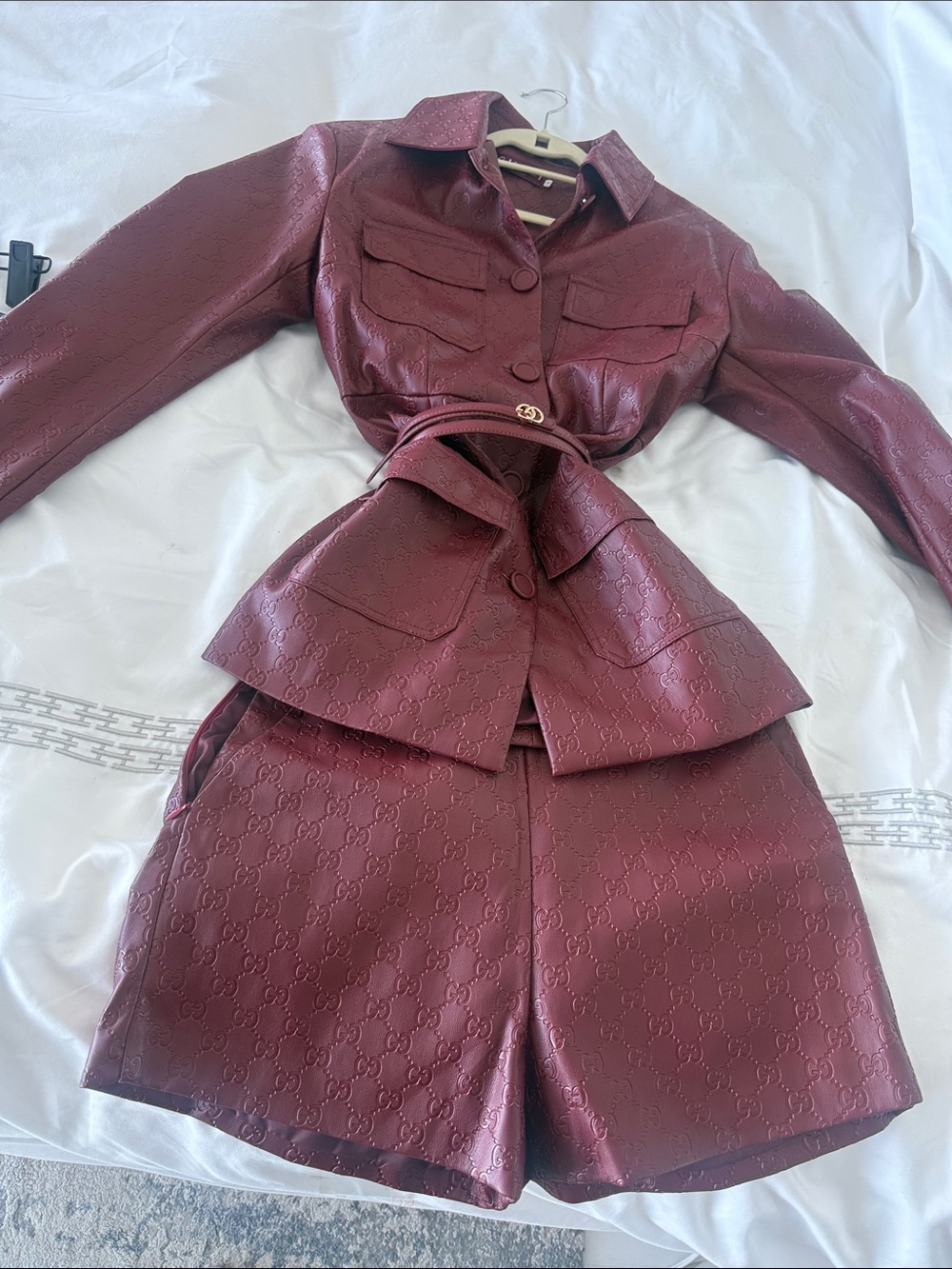 Burgundy Embossed GG Leather Blazer and Shorts Set